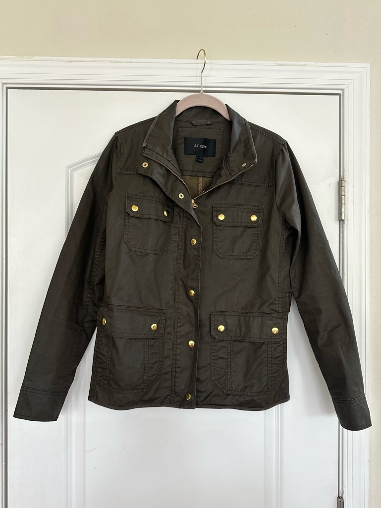 J Crew Downtown Field Jacket Olive Green Military Utility Small Waxed Coat